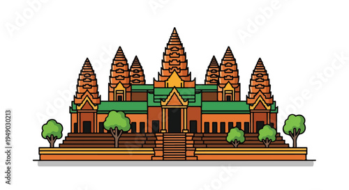 Illustration of a temple with multiple spires and green roof in a cartoon style against a white background.