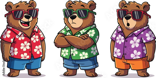 Three cartoon bears in hawaiian shirts and sunglasses