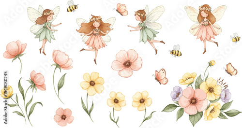 Whimsical illustration of fairies and flowers in a garden scene with bees