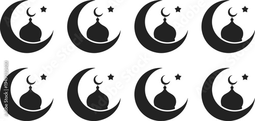 Eight black crescent moons with stars and crescent symbols inside arranged in a grid pattern