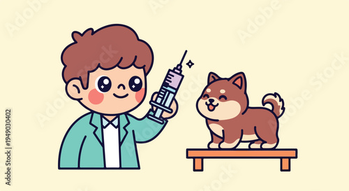 Cartoon illustration of a young boy giving a brown dog an injection on a wooden table with a pale yellow background.