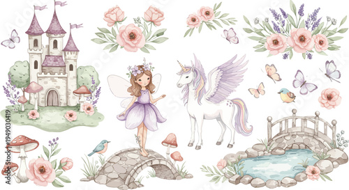 Whimsical fairy tale scene with castle princess flowers and animals in a dreamy fantasy world illustration