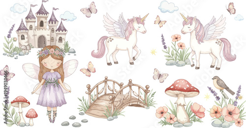 Whimsical illustration of a fairy tale scene with a princess unicorn castle and forest creatures in a dreamy setting