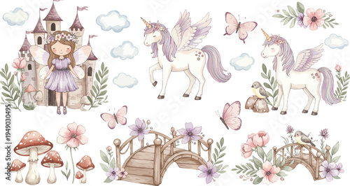 Colorful whimsical illustration of unicorn and fairy parts for craft project