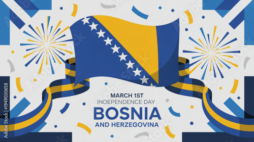 Bosnia and herzegovina independence day celebration with flag and fireworks on march 1st