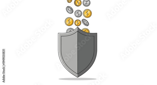 Grey shield with gold and silver coins spilling out in modern minimalist style for finance security Isolated on white background