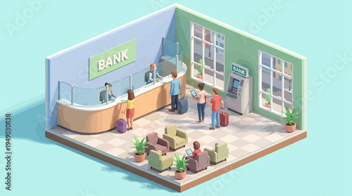 Vibrant isometric 3D illustration depicting a modern bank interior with customers, tellers, and an ATM, representing efficient financial services within a contemporary office