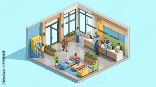 Isometric illustration of a modern bank interior with customers and tellers, featuring an ATM and waiting area