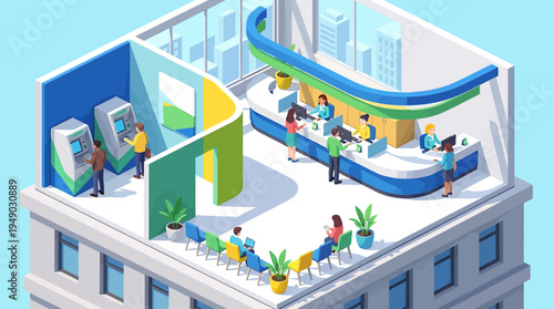 Modern isometric illustration of a bank interior, showing people conducting financial transactions, using ATMs, and receiving customer service in a contemporary banking setting