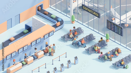 A detailed isometric 3D illustration capturing the dynamic interior of a busy international airport, with travelers checking in, processing luggage, and awaiting their flights