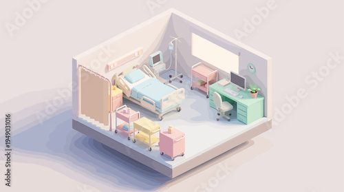 Isometric view of a hospital room with medical equipment and furniture, digital illustration