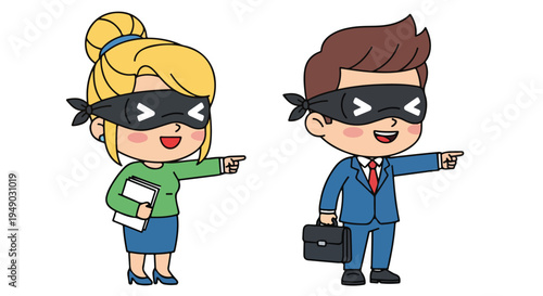 Cartoon illustration of a man and woman wearing black masks, pointing sideways, with a briefcase and papers, against a white background with a playful mood.