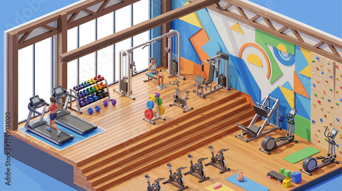 Vibrant isometric illustration showcasing a modern, multi-level fitness gym interior with people actively engaging in various exercises, featuring diverse workout equipment and a dynamic atmosphere
