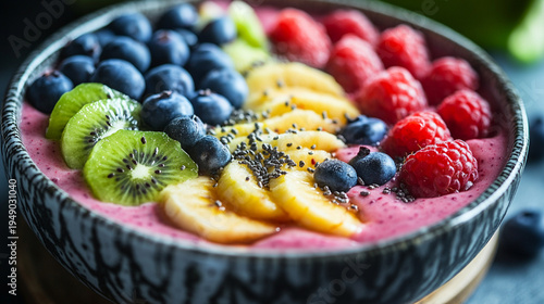 Close-up of smoothie bowl with fresh fruits