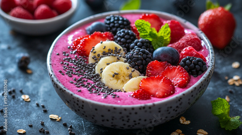 Close-up of smoothie bowl with fresh fruits