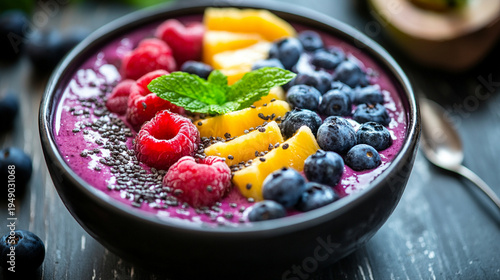 Close-up of smoothie bowl with fresh fruits