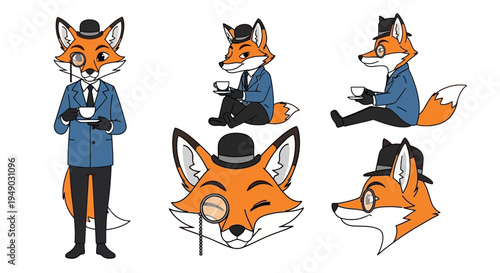 Elegant Fox Character in Suit with Monocle and Bowler Hat