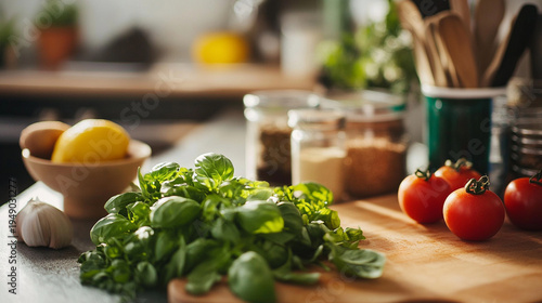 Close-up of healthy cooking ingredients on kitchen counter