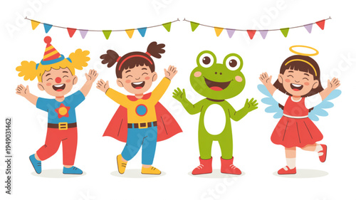 Four cartoon characters dancing under colorful party flags children in costumes celebrating