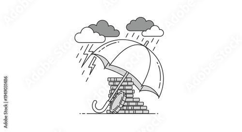 Broken umbrella over crumbling brick wall in rainy weather with dark clouds in simple line drawing style for finance and insurance Isolated on white background