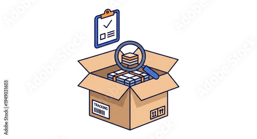 Cardboard box with items and magnifying glass for inspection.
