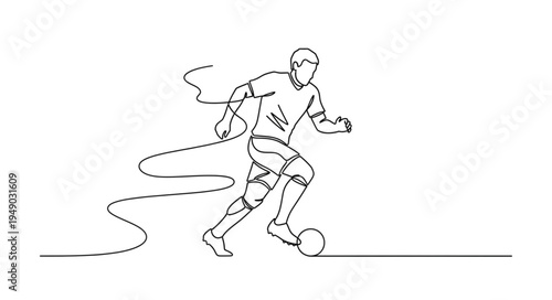 Continuous line drawing of a soccer player dribbling the ball.