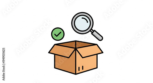 Magnifying glass over open cardboard box with check mark.