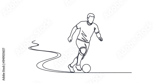 Continuous line drawing of a soccer player dribbling a ball.
