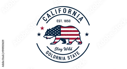 Graphic illustration of a bear with American flag design and California text on a white background with a circular border.