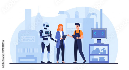 Robot and humans collaborate in modern factory setting.