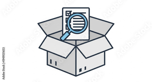 Magnifying glass over checklist inside an open cardboard box.