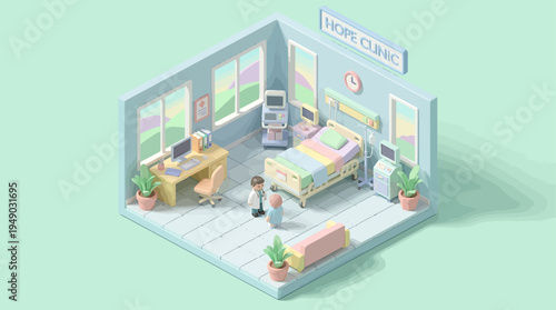 Isometric view of a hospital room with medical equipment and healthcare professionals