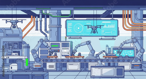 Automated Factory Assembly Line with Robotic Arms and Drones.