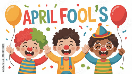 Three diverse clowns celebrating april fool's day with colorful balloons and confetti