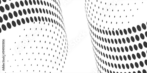 Dotted halftone waves. Twisted wavy line with dotted point texture and halftone gradient wave flow. Vector set.