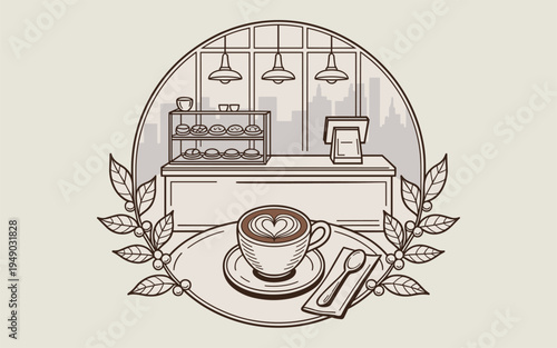 A cozy coffee shop interior with a cup of coffee on a saucer
