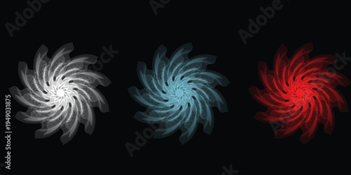 Three swirling abstract shapes with intricate line art on black background
