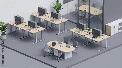 Modern open-plan office interior design featuring multiple workstations, a central collaborative meeting area, and a glass conference room, creating a professional workspace
