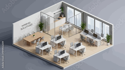 Modern minimalist open-plan office interior featuring individual workstations, a dedicated meeting room, and a small break area, designed for productivity and collaborative work environment