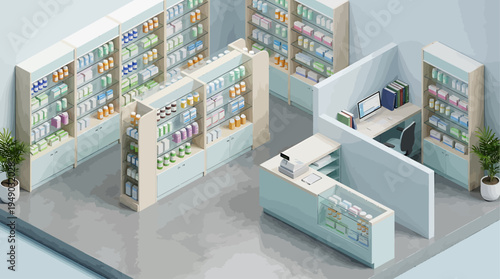 Pharmacy interior design with shelves of medicine, a counter, and a workstation