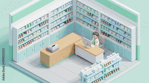 Isometric pharmacy interior with a pharmacist at the counter. Shelves are stocked with medicines and health products, symbolizing modern healthcare services