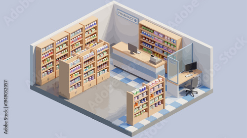 Isometric illustration of a well-stocked pharmacy interior with shelves of medicine, a counter, and a consultation desk