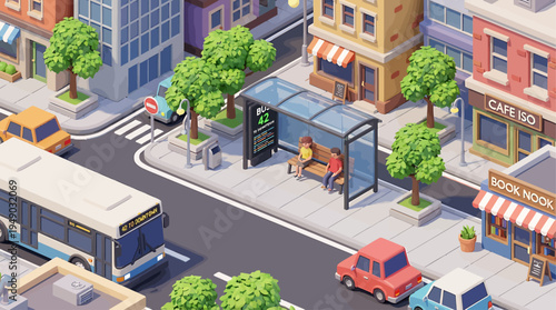 Isometric city scene with bus stop and people waiting for public transportation on a sunny day