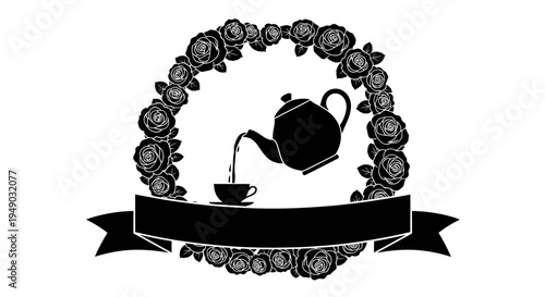 Ornate Decorative Tea Service Icon with Floral Wreath and Pouring Teapot Silhouette