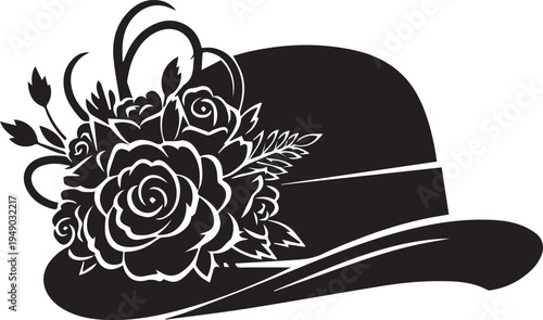 Derby hat silhouette vector illustration with floral rose bouquet and elegant ribbons art