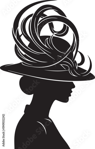 Elegant lady with hat silhouette vector illustration line art derby fashion profile style