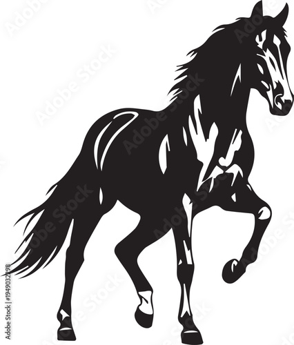 Galloping horse vector silhouette illustration, powerful equine line art in action