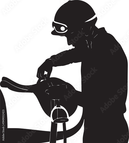 Jockey preparing saddle silhouette vector illustration line art horse racing gear details
