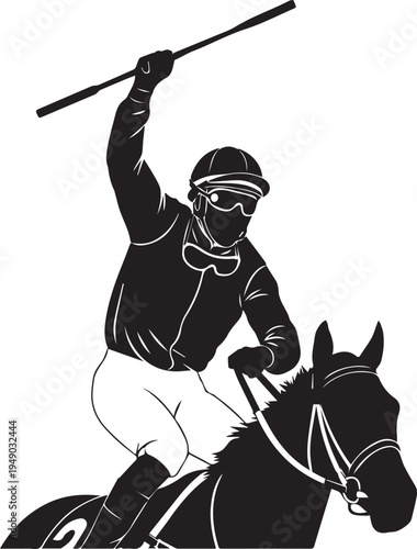 Jockey riding horse silhouette vector illustration motion with whip in sports recreation activity