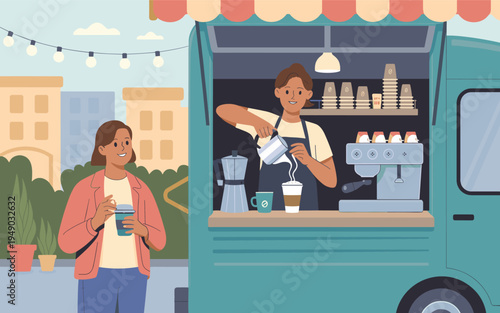 Woman enjoys coffee from a food truck vendor on a city street at daytime